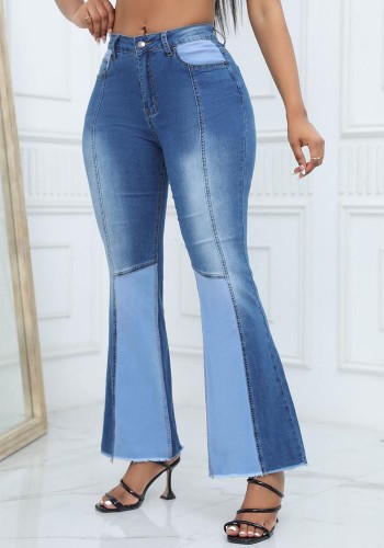 Women High Waist Washed Color Block Bell Bottom Denim Pants