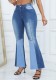 Women High Waist Washed Color Block Bell Bottom Denim Pants