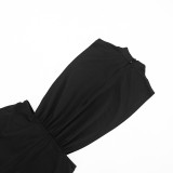 Spring & Summer Women Button Sleeveless Solid Gathered Bodycon Three-Point Jumpsuit