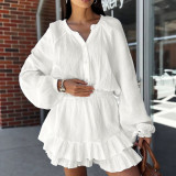 Women White Long Sleeve Slim Waist Ruffled Tiered Mini Dress