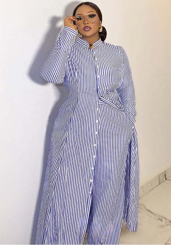 Women Plus Size African Trendy Career Loose Long Striped Shirt & Pants Two-Piece Set