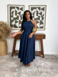 Women Plus Size Denim Halter Neck Slim Waist Swing Maxi Dress
