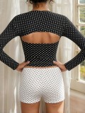 Summer Women Black & White Color Block Polka Dot Long Sleeve Shawl, Vest & Shorts Casual Three-Piece Set