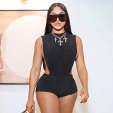 Spring & Summer Women Button Sleeveless Solid Gathered Bodycon Three-Point Jumpsuit