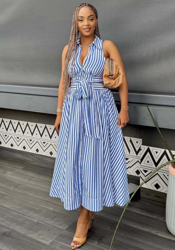 Women African Chic Elegant Sleeveless Turndown Collar Lace-Up Slim Waist Striped Midi Dress