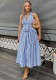 Women African Chic Elegant Sleeveless Turndown Collar Lace-Up Slim Waist Striped Midi Dress
