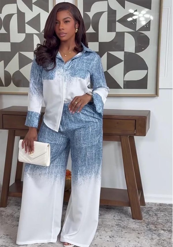 Women African Chic Patchwork Color Block Long Sleeve Turndown Collar Shirt & High Waist Pants Two-Piece Set