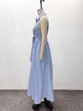 Women African Chic Elegant Sleeveless Turndown Collar Lace-Up Slim Waist Striped Midi Dress