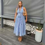 Women African Chic Elegant Sleeveless Turndown Collar Lace-Up Slim Waist Striped Midi Dress