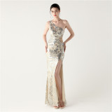 Plus Size Women One Shoulder Hollow Out Mermaid Slit Beaded Formal Party Sequin Evening Dress