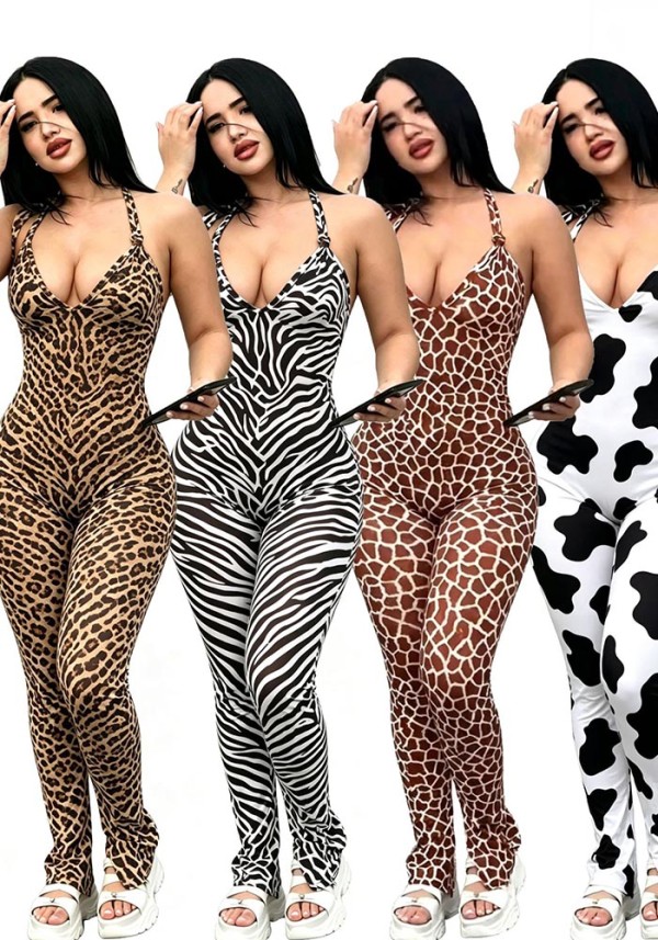 Women Spring Summer Printed Vest Pleated Lace-Up Backless Slit Jumpsuit