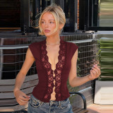 Spring Women Lace Vest Hollow Out Button Slim Waist Sleeveless Tank Top