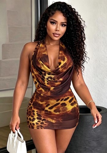 Women Sexy Leopard Print Cowl Neck Low Back Mesh Halter Neck Mini Skirt Two-Piece Set