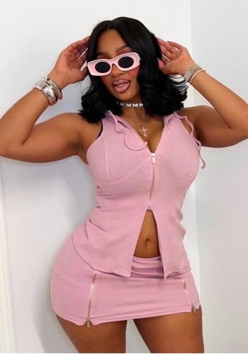 Spring & Summer Women Hooded Sleeveless Zip Split Long Top & High Waist Mini Skirt Two-Piece Set