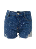 Summer Women High Waist Beaded Ripped Fringe Full Diamond Slim Fit Shorts