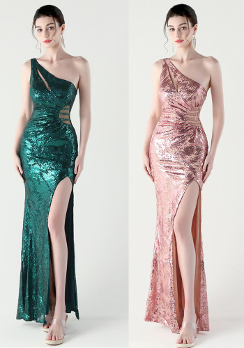 Plus Size Women Sexy Bodycon One Shoulder Slash Shoulder Sequin Mesh Evening Dress