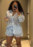 Women African Chic Loose Casual Turndown Collar Long Sleeve Jacquard Shirt & Shorts Two-Piece Set