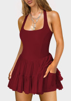 Women Yellow Summer Halter Neck Mesh Tennis Dress