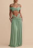 Women Halter Neck Off Shoulder Pleated Sexy Crop Hollow Out Top Long Skirt Two-Piece Set