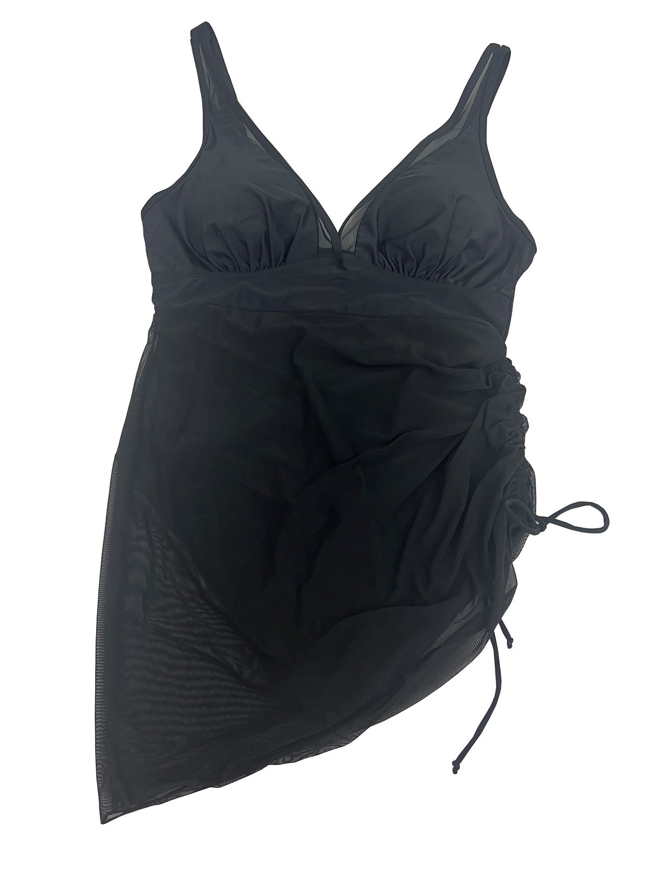 Solid Black Mesh Mini Skirt Tummy Control One-Piece Swimsuit