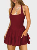Women Yellow Summer Halter Neck Mesh Tennis Dress