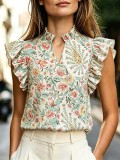 Women Summer Ruffled Printed Sleeveless Shirt Top
