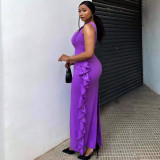Women Sexy One Shoulder Solid Ruffled Long Dress African Chic Bodycon Dress
