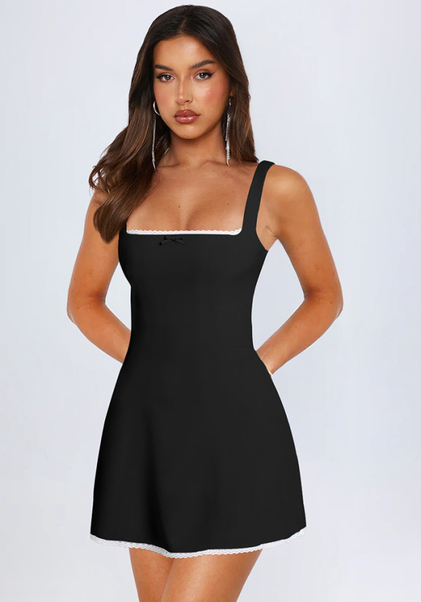 Women French Style Lace Trim Color Block Spaghetti Strap Dress