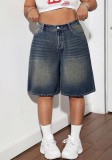 Summer Women Denim Mid-Rise Loose Casual Slim Fit Wide Leg Knee-Length Shorts