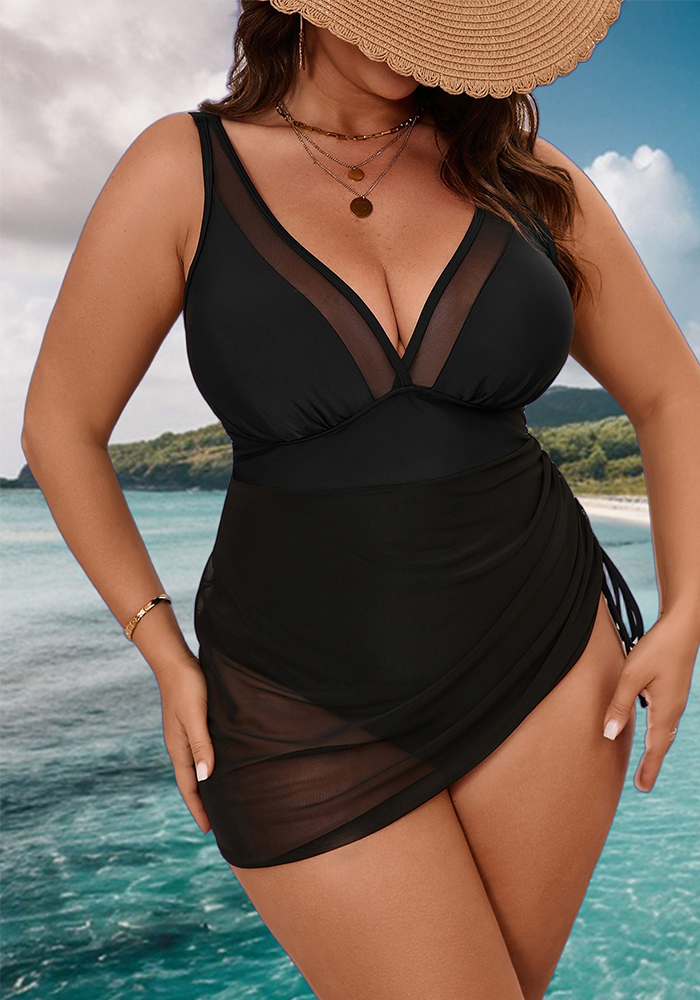 Solid Black Mesh Mini Skirt Tummy Control One-Piece Swimsuit