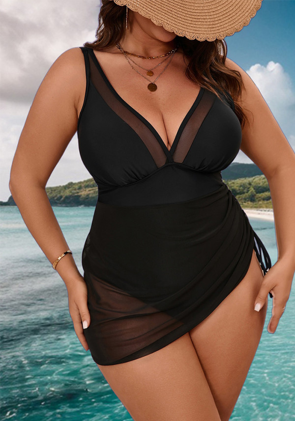 Women Solid Black Mesh Mini Skirt Slim Fit Tummy Control One-Piece Swimsuit