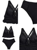 Women Plus Size Solid Black Sexy Slim Fit Low Back High Waist Two-Piece Swimsuit
