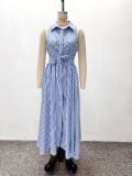 Women African Chic Elegant Sleeveless Turndown Collar Lace-Up Slim Waist Striped Midi Dress