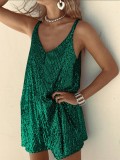 Women Sexy Spaghetti Strap Sequin Beaded Backless V Neck Sleeveless Dress