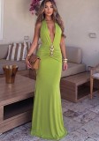 Spring & Summer Women Sexy Deep V Low Back Halter Neck Solid Mermaid Chic Dress