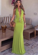 Spring & Summer Women Sexy Deep V Low Back Halter Neck Solid Mermaid Chic Dress