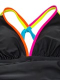 Women Plus Size Solid Black Color Block Slim Fit Low Back Sporty One-Piece Swimsuit