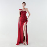 Plus Size Women Satin Chiffon One Shoulder Draped Mermaid Slit Evening Dress