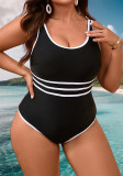 Women Plus Size Solid Black White Stripe Patchwork Loose Slim Fit Swimsuit