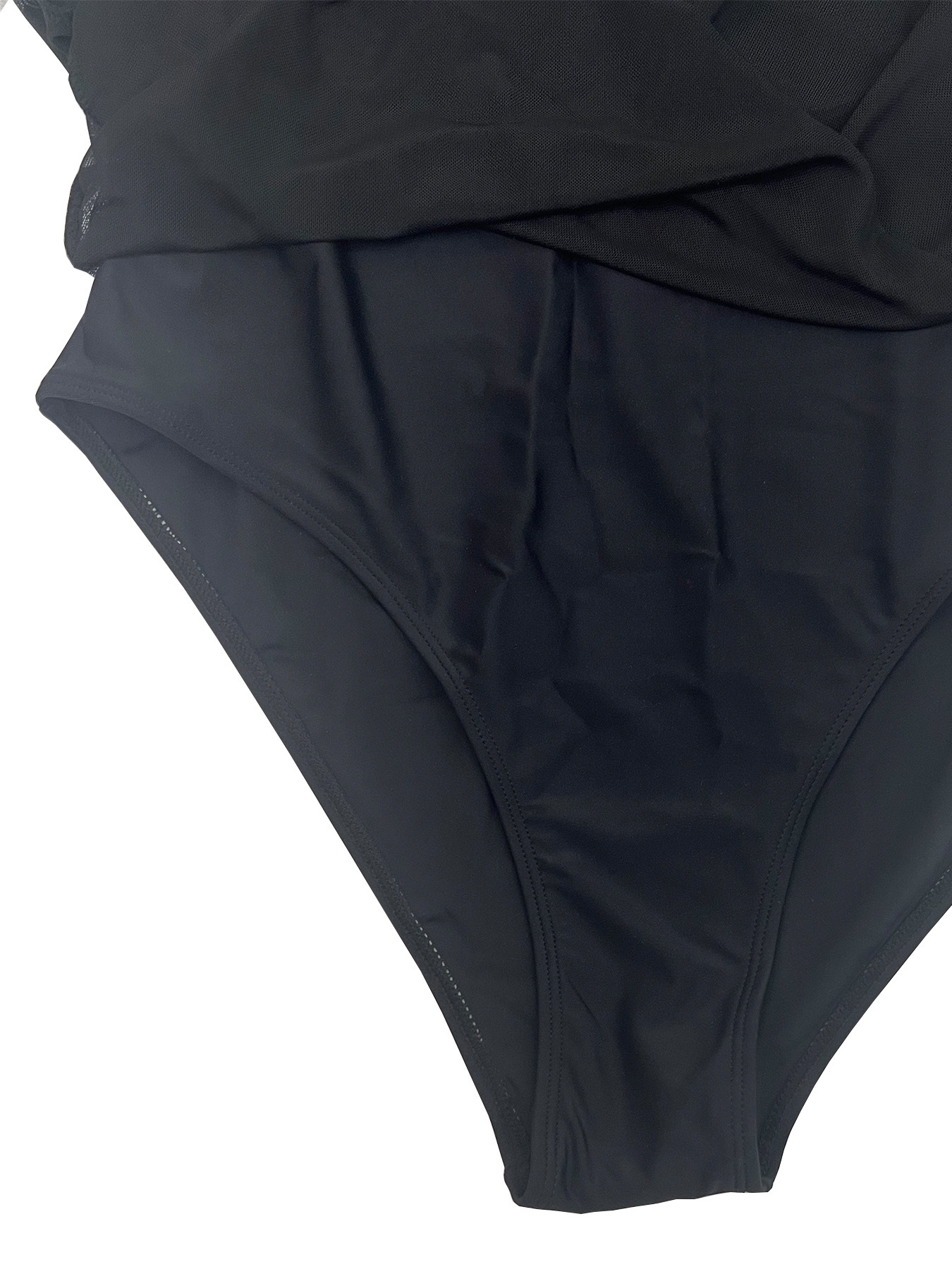 Solid Black Mesh Mini Skirt Tummy Control One-Piece Swimsuit