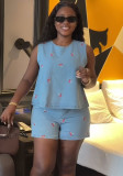 Women Summer Denim Short Sleeve Vest and Shorts Two-Piece Set