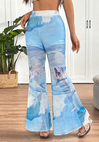 Summer Women Blue Painting Printed Mesh Bell Bottom High Waist See-Through Wide Leg Pants