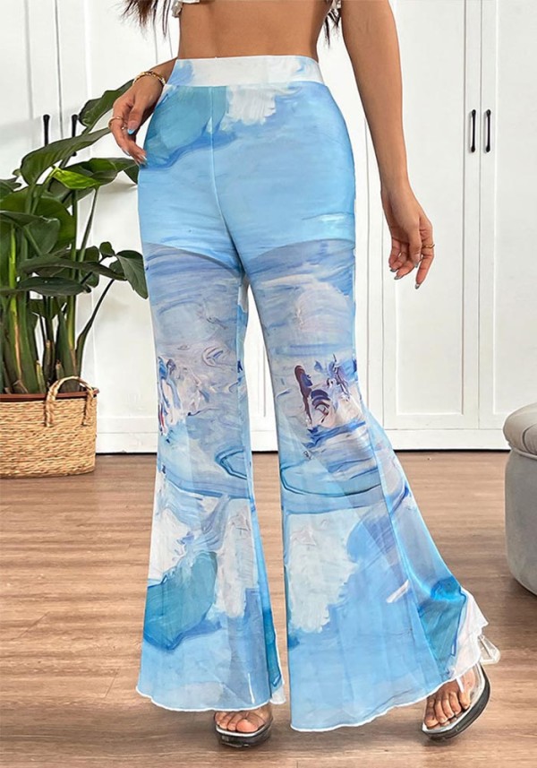 Summer Women Blue Painting Printed Mesh Bell Bottom High Waist See-Through Wide Leg Pants