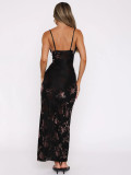 Women Spring Summer Sexy Elegant Printed Hollow Out Spaghetti Strap Holidays Maxi Dress