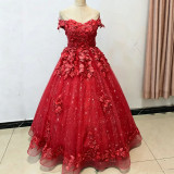 Women Luxury Embroidery Tulle Puffy Off Shoulder Party Evening Dress（Processing time need 3-6 days）