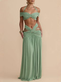 Women Halter Neck Off Shoulder Pleated Sexy Crop Hollow Out Top Long Skirt Two-Piece Set