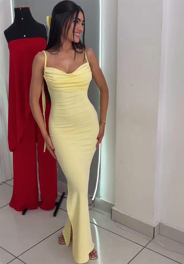 Summer Women Sexy Low Back Tie Split Ruched Evening Dress