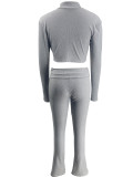 Women Long Sleeve Stand Collar Ribbed Top and Pant Two-Piece Set
