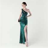 Plus Size Women Sexy Bodycon One Shoulder Slash Shoulder Sequin Mesh Evening Dress