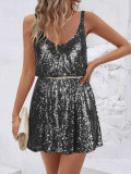 Women Sexy Spaghetti Strap Sequin Beaded Backless V Neck Sleeveless Dress